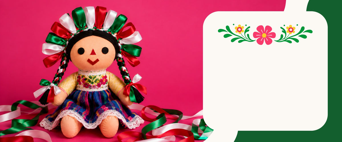 Muneca de trapo mexicana con listones verde, blanco y rojo sobre fondo rosa mexicano
