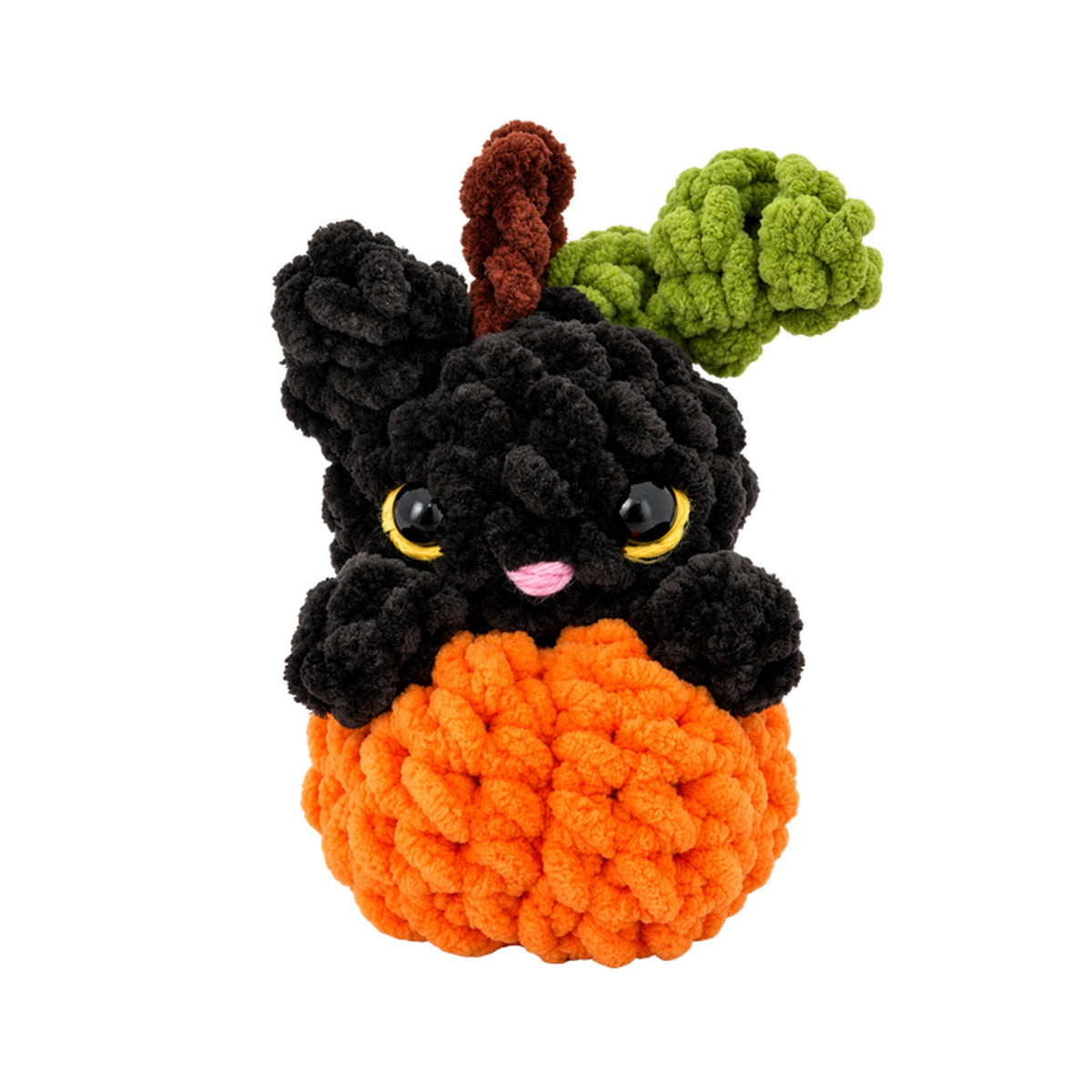 Salem the Pumpkin Cat terminado, de frente, con su tallo y su hoja espiral
