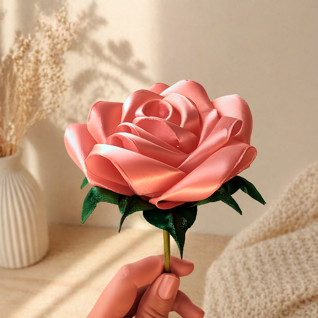 Mano sosteniendo una flor de listón satinado palo de rosa