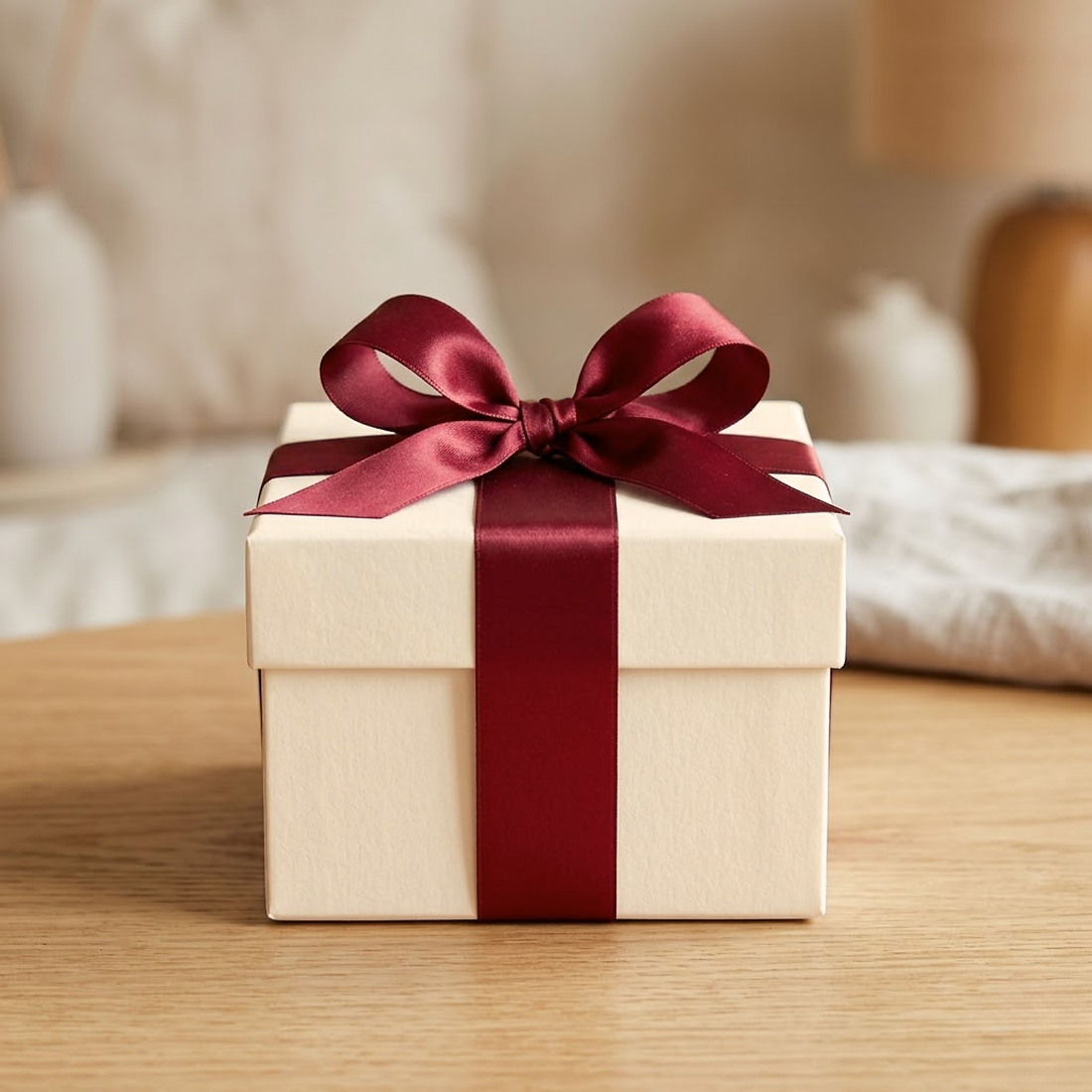 Caja de regalo con moño de listón satinado rojo vino